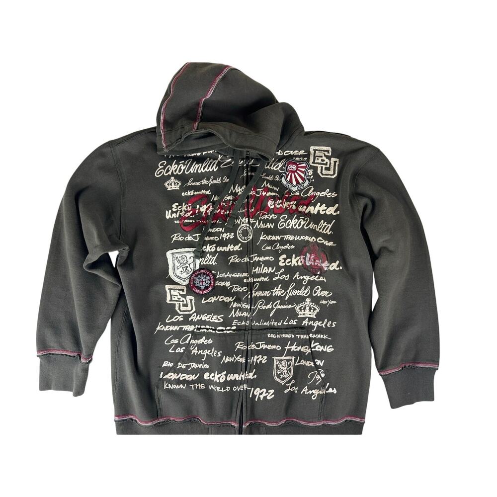 Ecko Unltd Hoodie Mens XXL Black Full Zip Sweater Hip Hop Skater Y2K